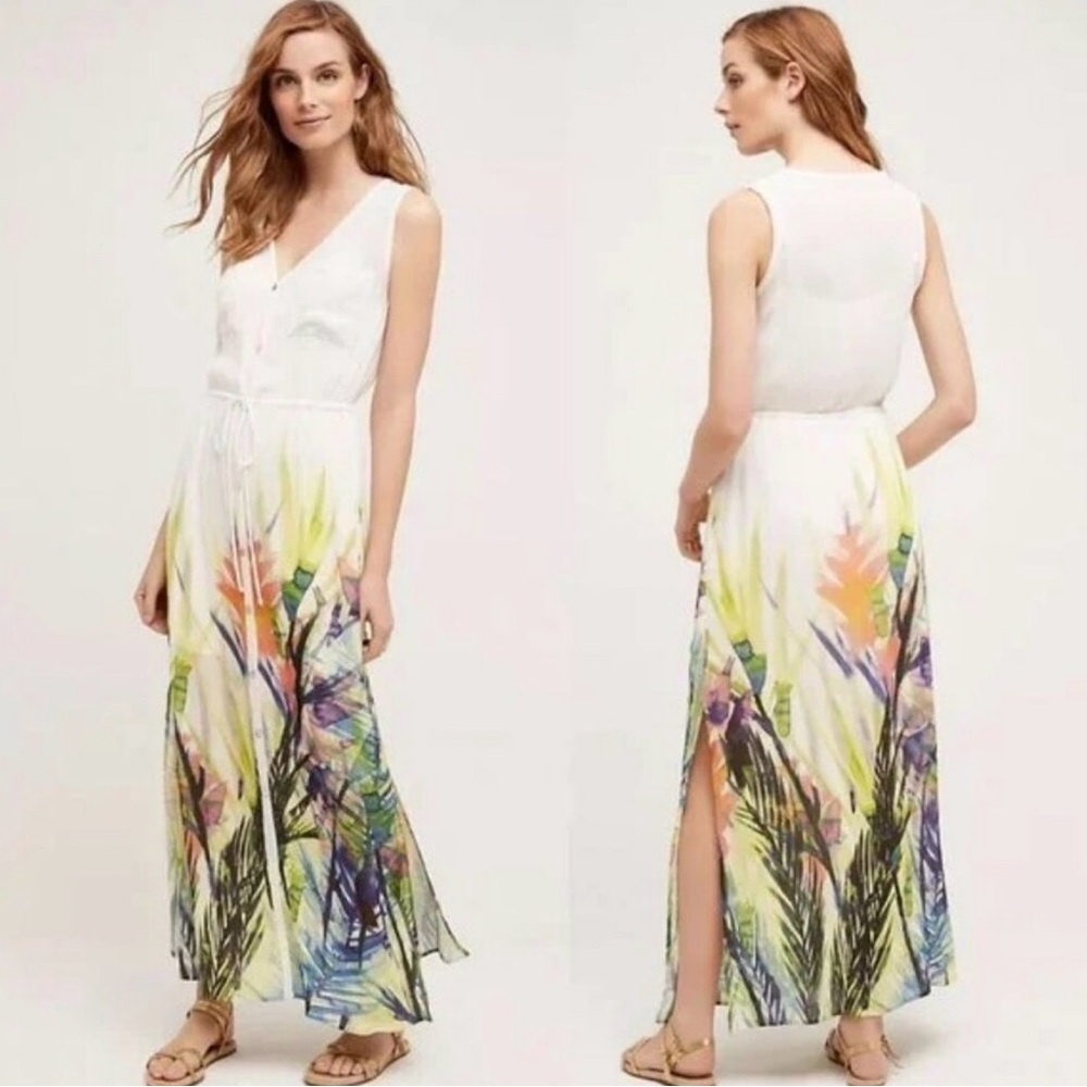 Anthropologie Mermaid Watergarden Button-Front Maxi Dress with marine designs L